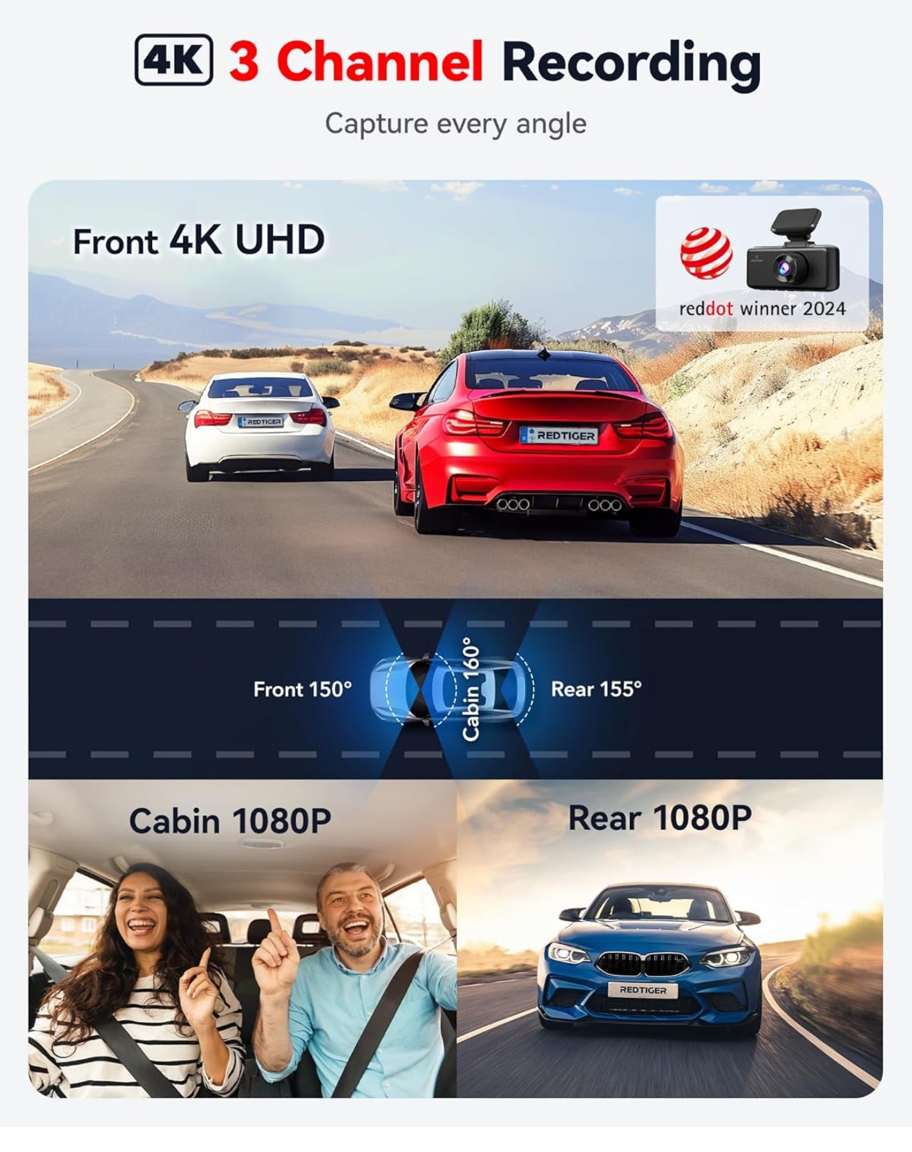 REDTIGER 4K 3 Channel Dash Cam 5G WiFi Built-in GPS, Included 64GB Card, 4K+1080P+1080P Front and Rear Inside Loop Recording, Triple Car Camera with 3 Inch Screen, IR Night Vision, WDR, Parking Mode