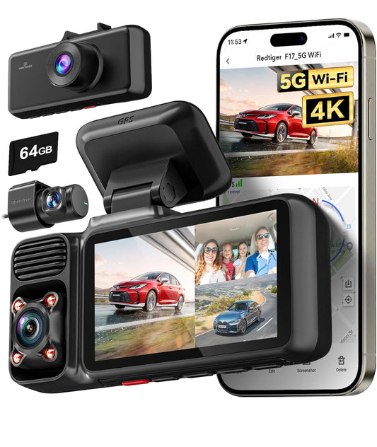 REDTIGER 4K 3 Channel Dash Cam 5G WiFi Built-in GPS, Included 64GB Card, 4K+1080P+1080P Front and Rear Inside Loop Recording, Triple Car Camera with 3 Inch Screen, IR Night Vision, WDR, Parking Mode