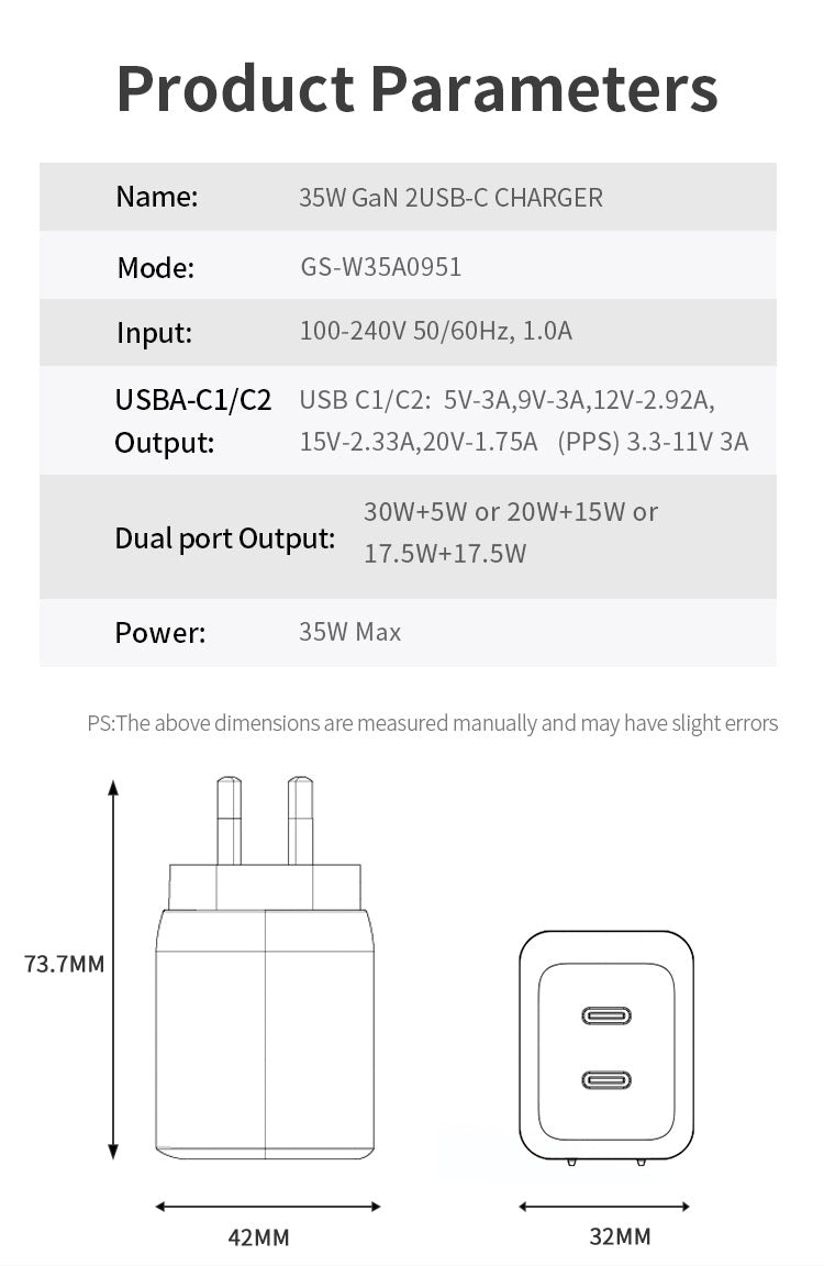 35W DUAL USB-C PD Fast Charging Wall USB C Charger Power Adapter Type-C AU